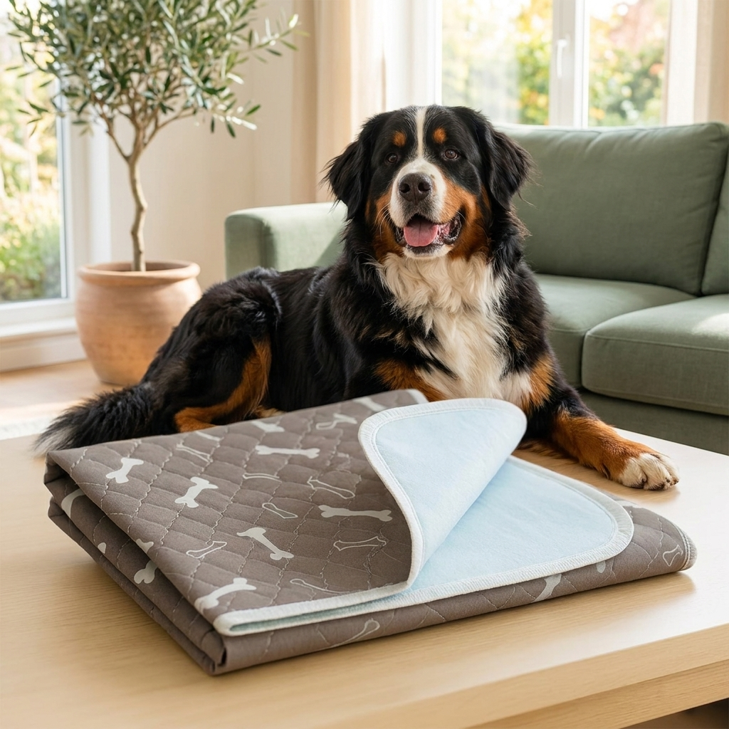 Dog standing on the Milo Pad washable pee pad at home