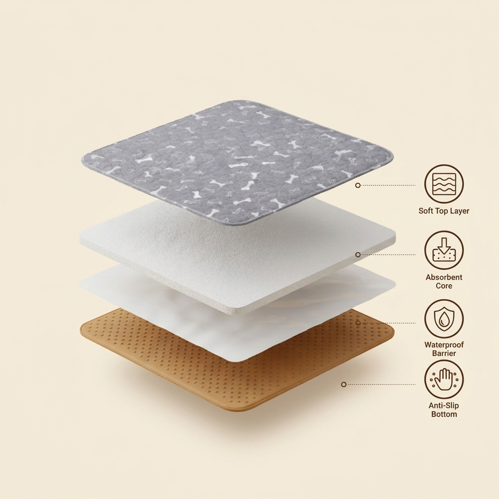 Milo Pad exploded view: soft top layer, absorbent core, waterproof barrier, anti-slip bottom