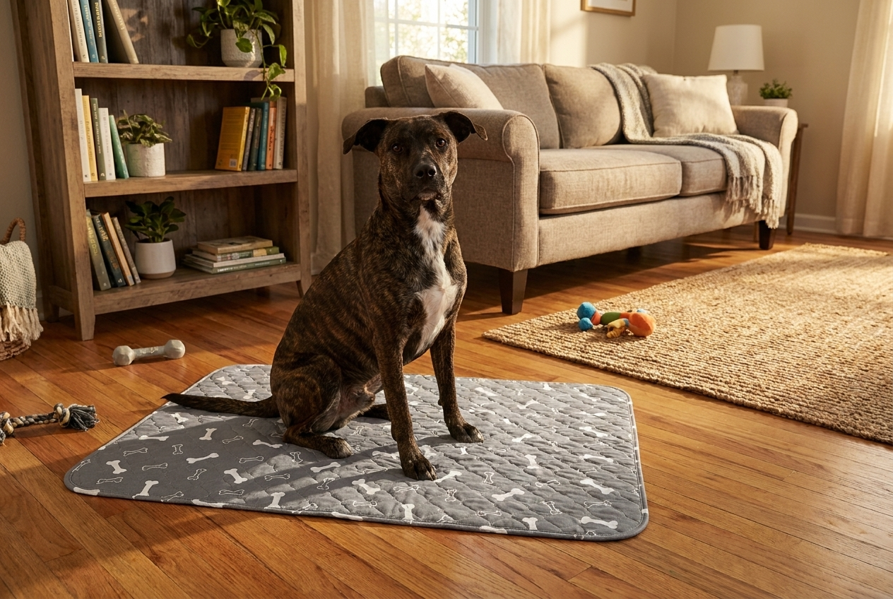 Dog relaxing on the Milo Pad washable pee pad at home